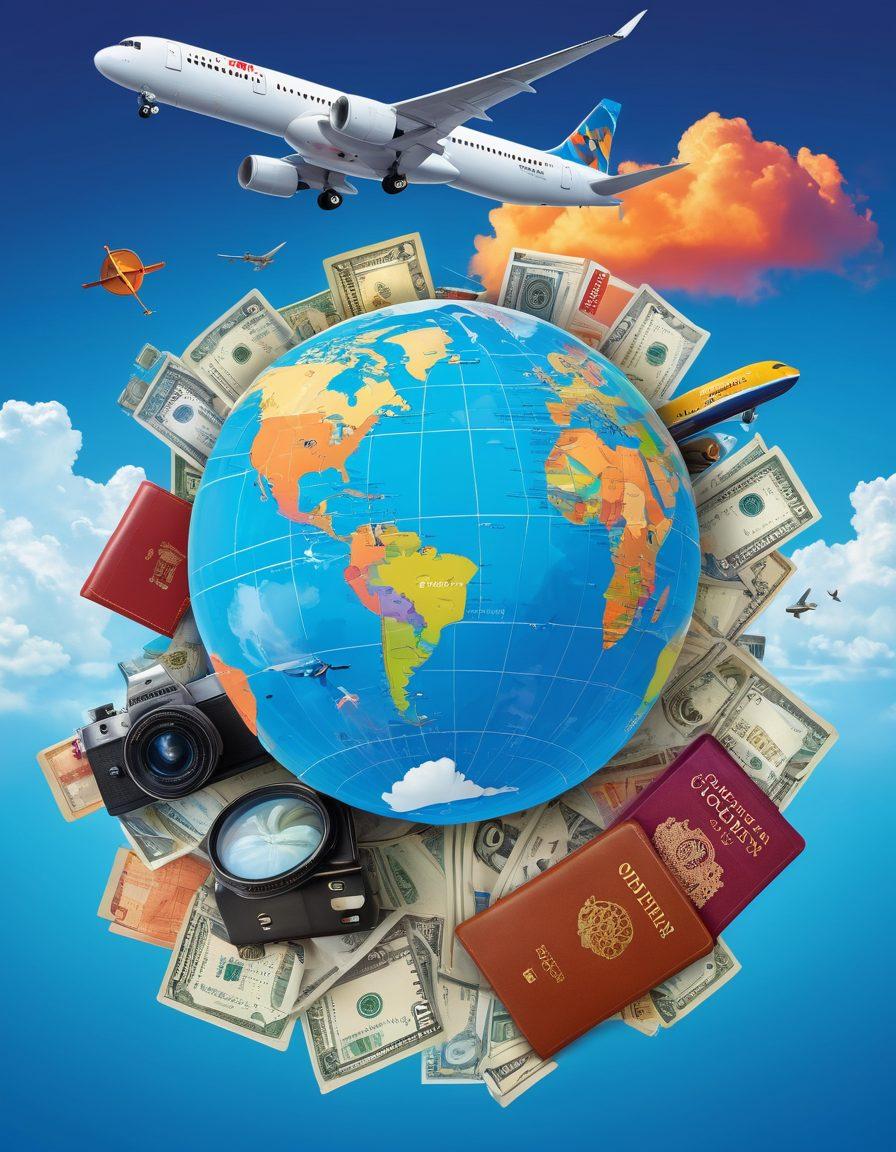 A vibrant collage depicting a globe surrounded by various travel essentials like a camera, passport, and a smartphone displaying discounted flight deals. Include images of airplanes, money-saving symbols like coupons, and a magnifying glass focusing on insurance policies. The background should be a soft sky blue, symbolizing travel and exploration, with playful clouds enhancing the scene. vibrant colors. vector art.