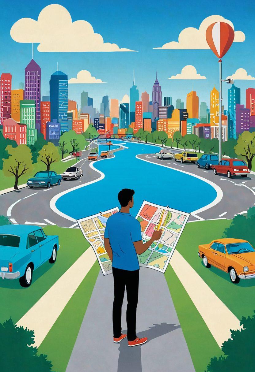 A thoughtful individual standing at a crossroads, holding a map labeled 'Insurance Policies' with various signs pointing to different policy types like 'Health', 'Auto', 'Home', and 'Life'. In the background, a city skyline mixed with nature symbolizes balance and choice. Bright and inviting colors enhance a sense of guidance and clarity. cartoon style. vibrant colors.